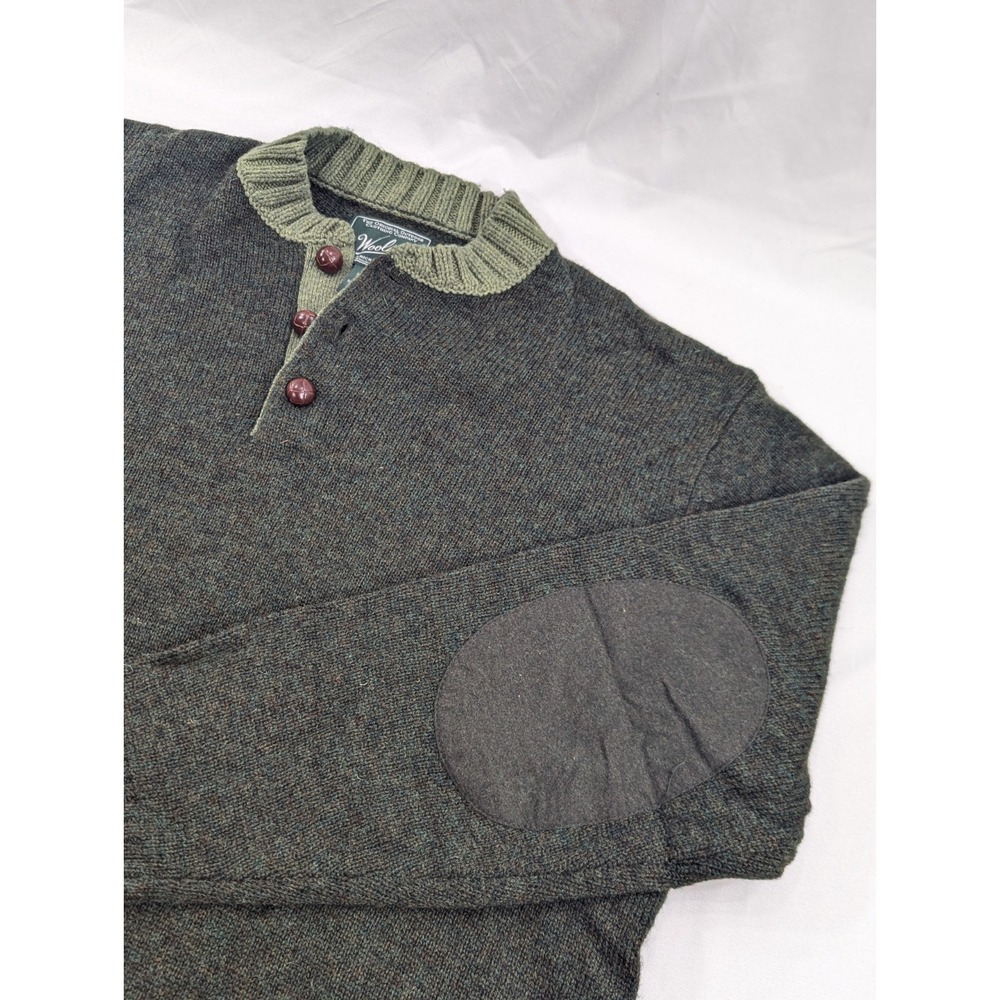 Woolrich Men's OD Green Pull Over Wool Sweater With Elbow Pads Button Size XL‎